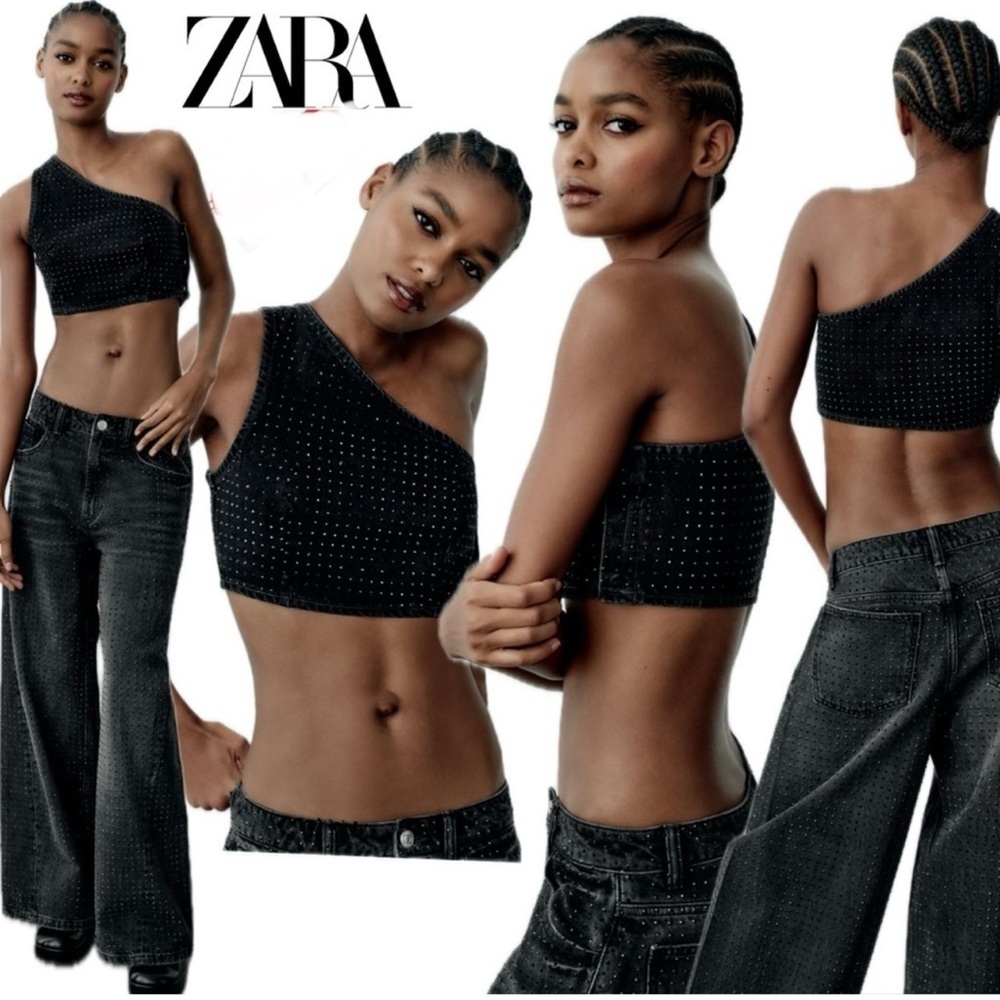 Zara black crystal rhinestone embellished one shoulder denim Jean crop top NWOT